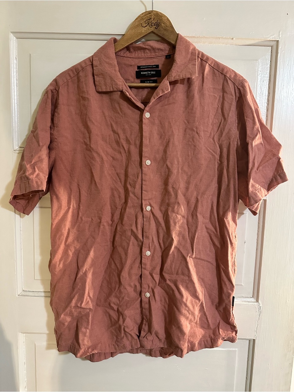 Kenneth Cole Men’s Pink Slim Fit Short Sleeve Button-Up Shirt Large Linen - Picture 3 of 4